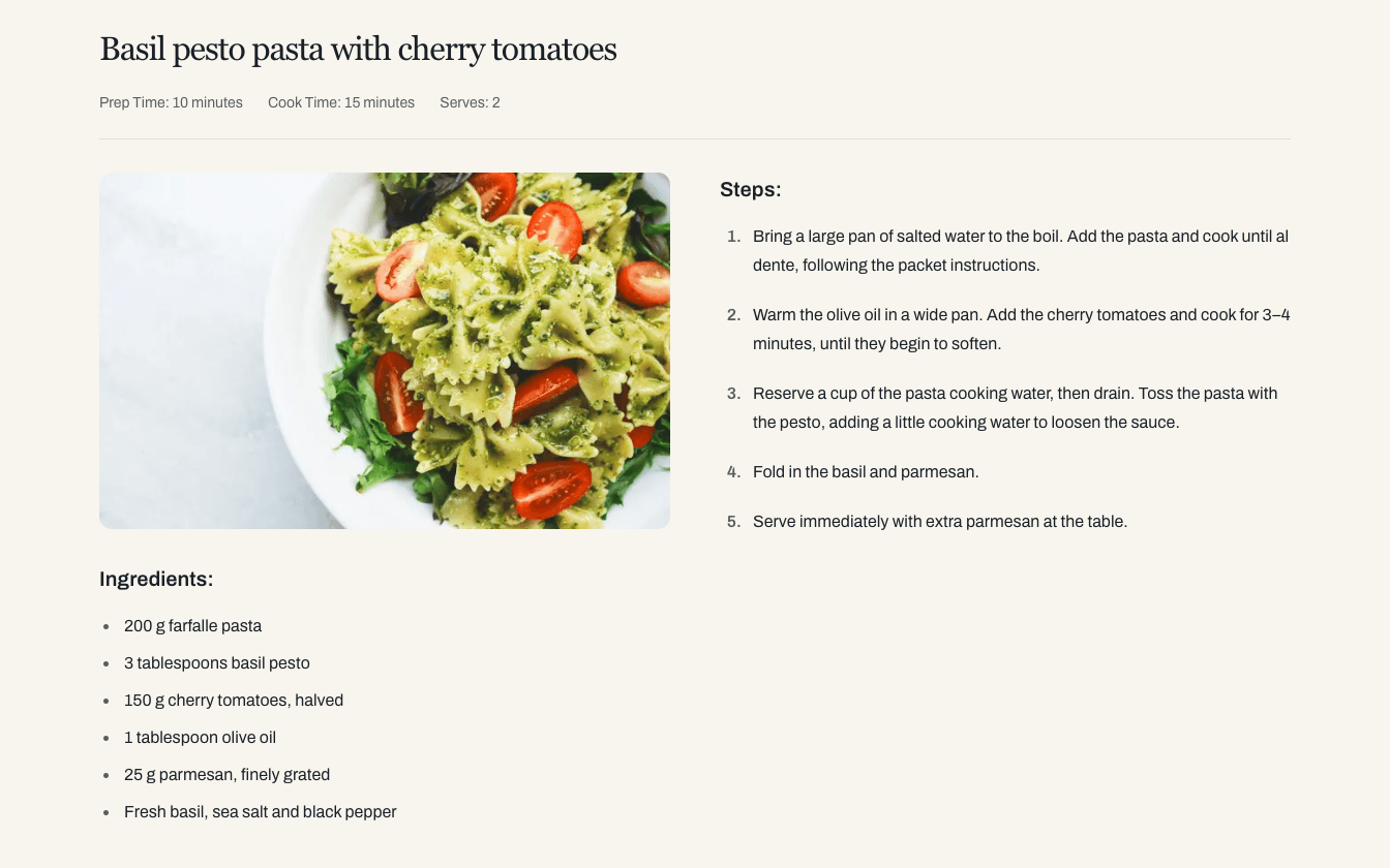 Recipe page for 'Marry me' chicken, showing the recipe photograph, ingredients, and method
